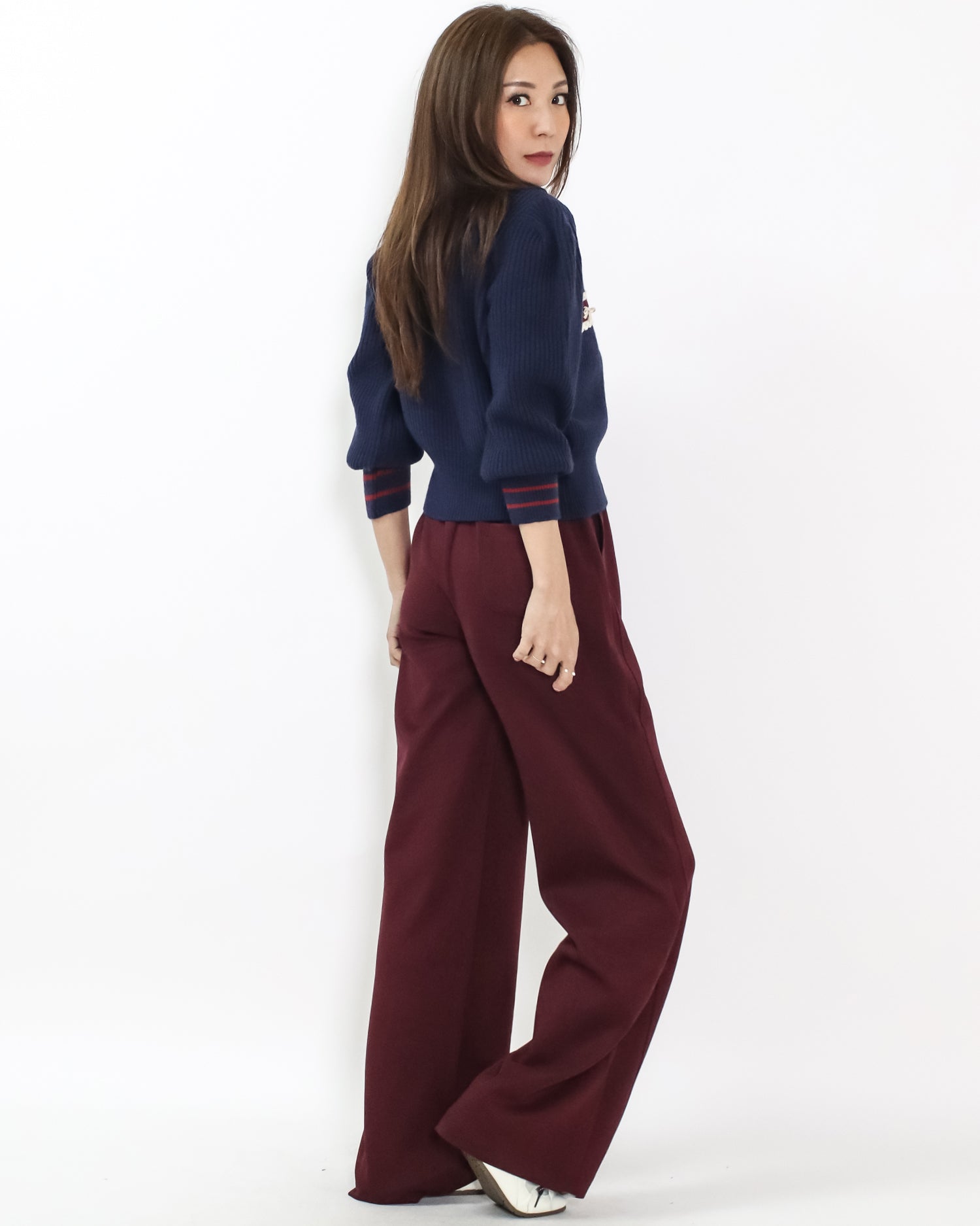 burgundy soft neoprene straight leg pants *pre-order*