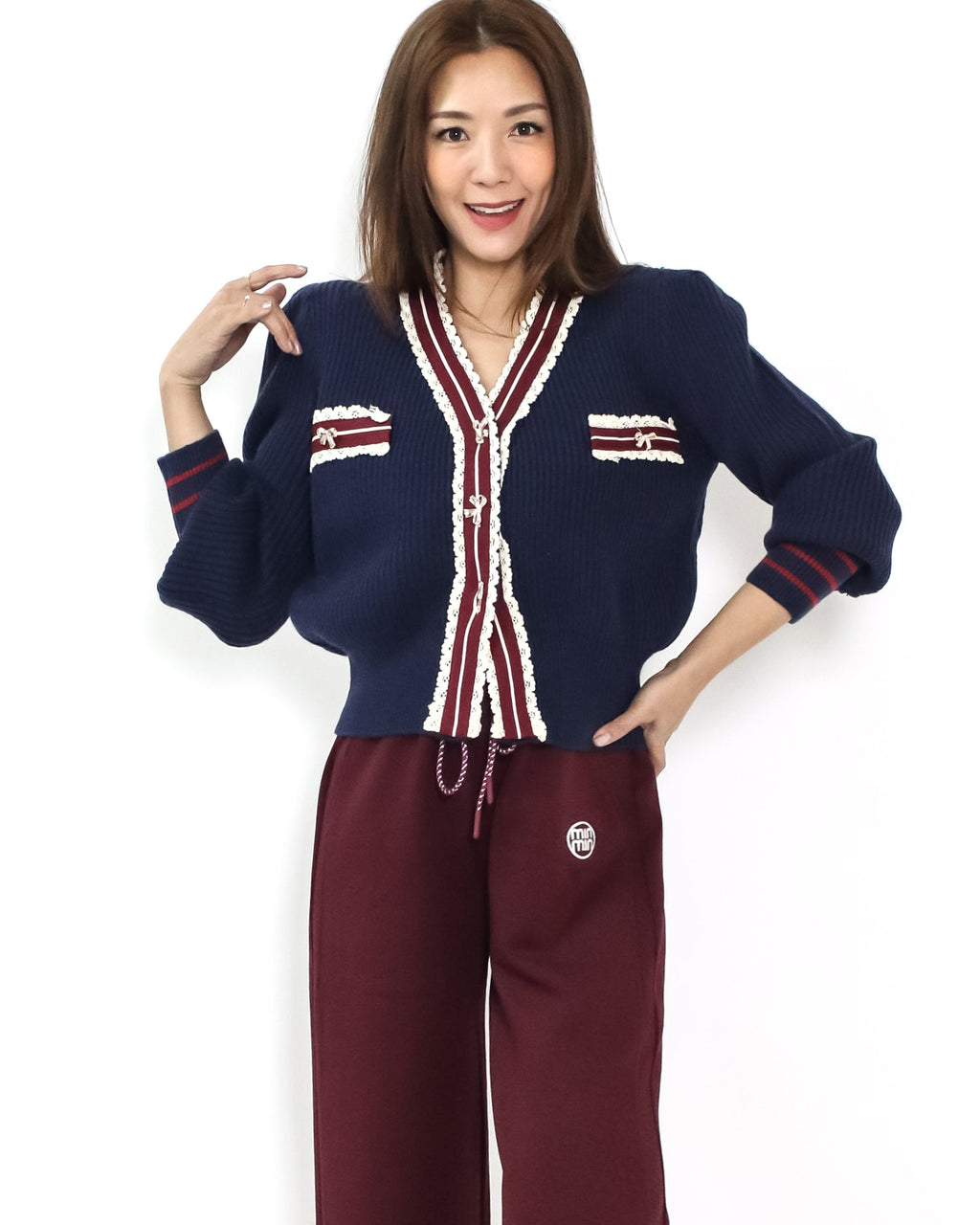 navy w/ burgundy ivory lace trim knitted cardigan *pre-order*
