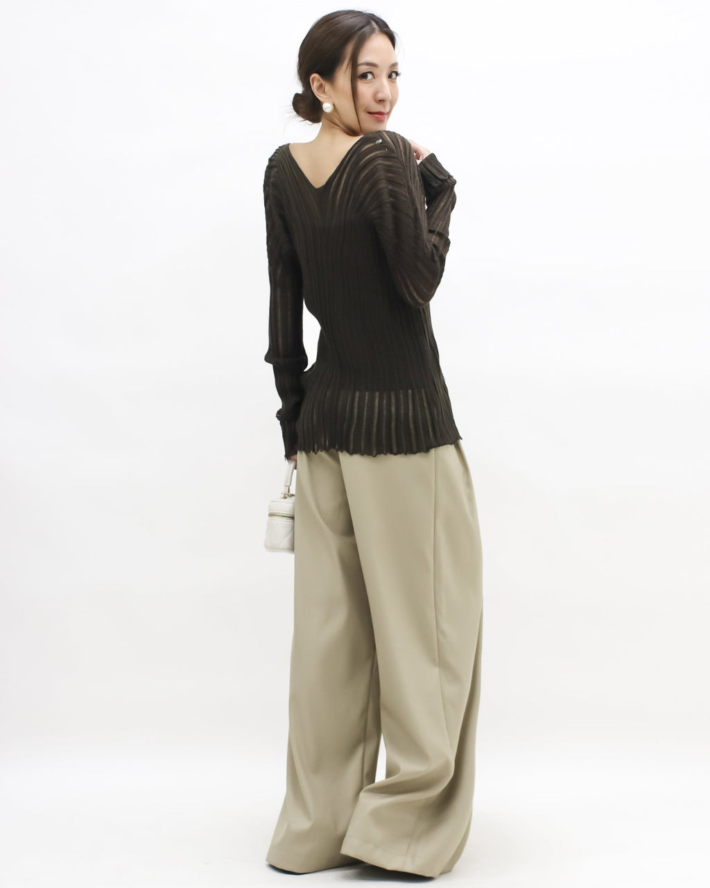 brown V neck striped knitted top