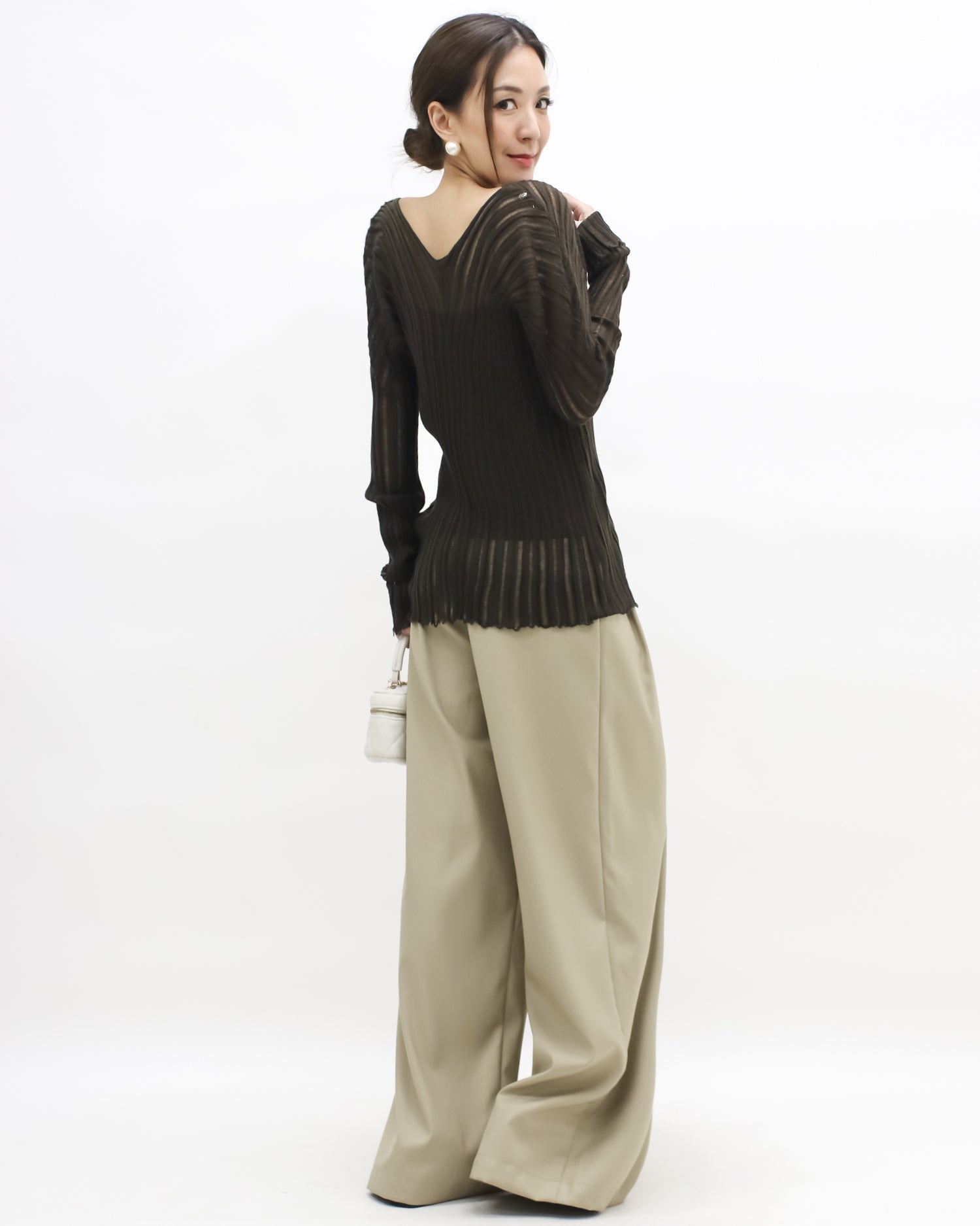 brown V neck striped knitted top