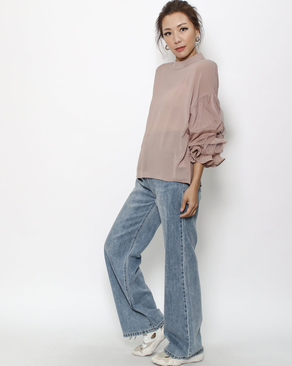 dusty pink mesh pleats sleeves sheer top *pre-order*