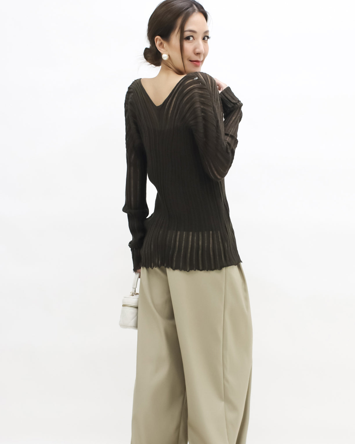 brown V neck striped knitted top