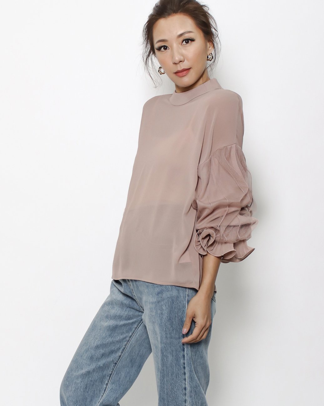 dusty pink mesh pleats sleeves sheer top *pre-order*