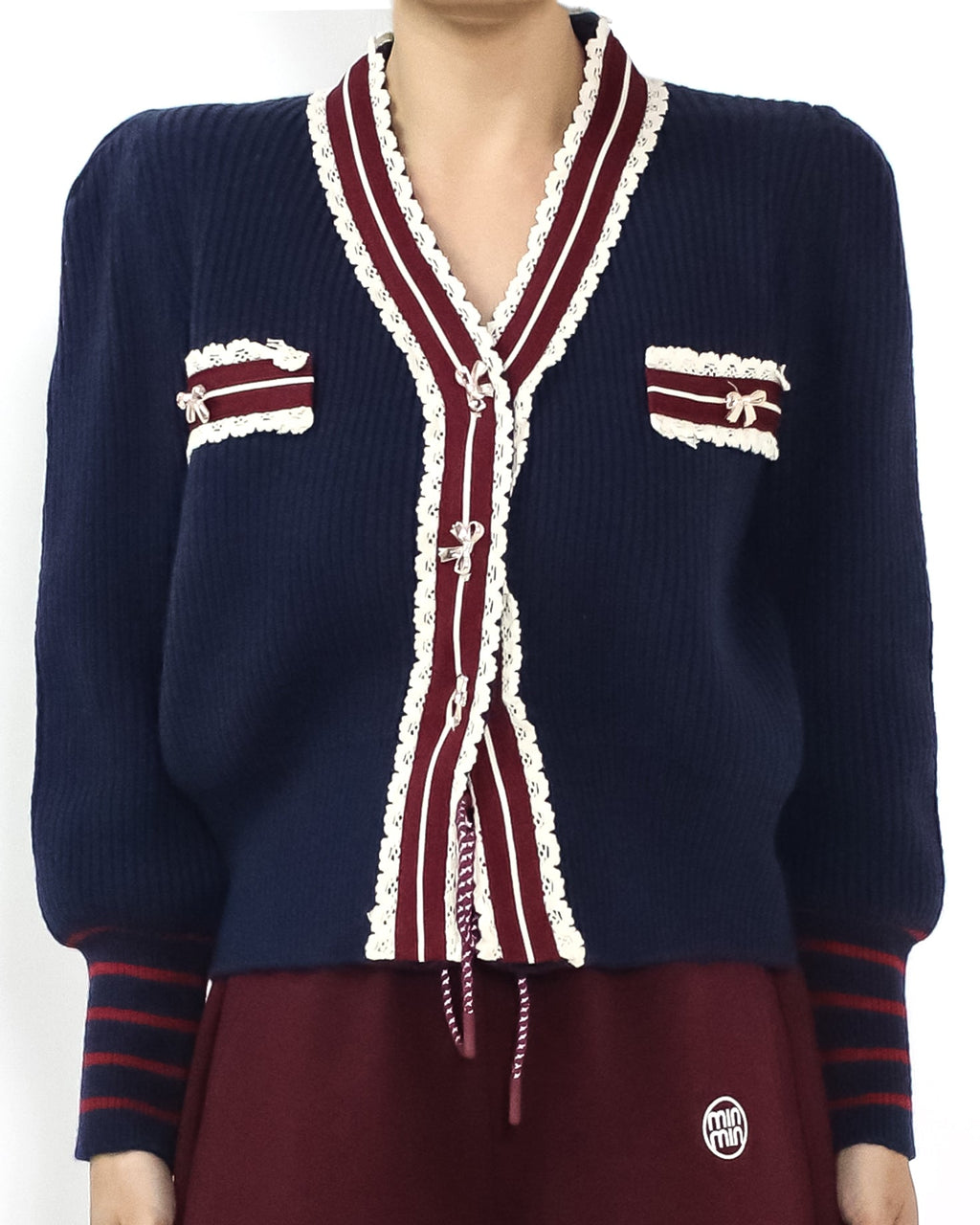 navy w/ burgundy ivory lace trim knitted cardigan *pre-order*