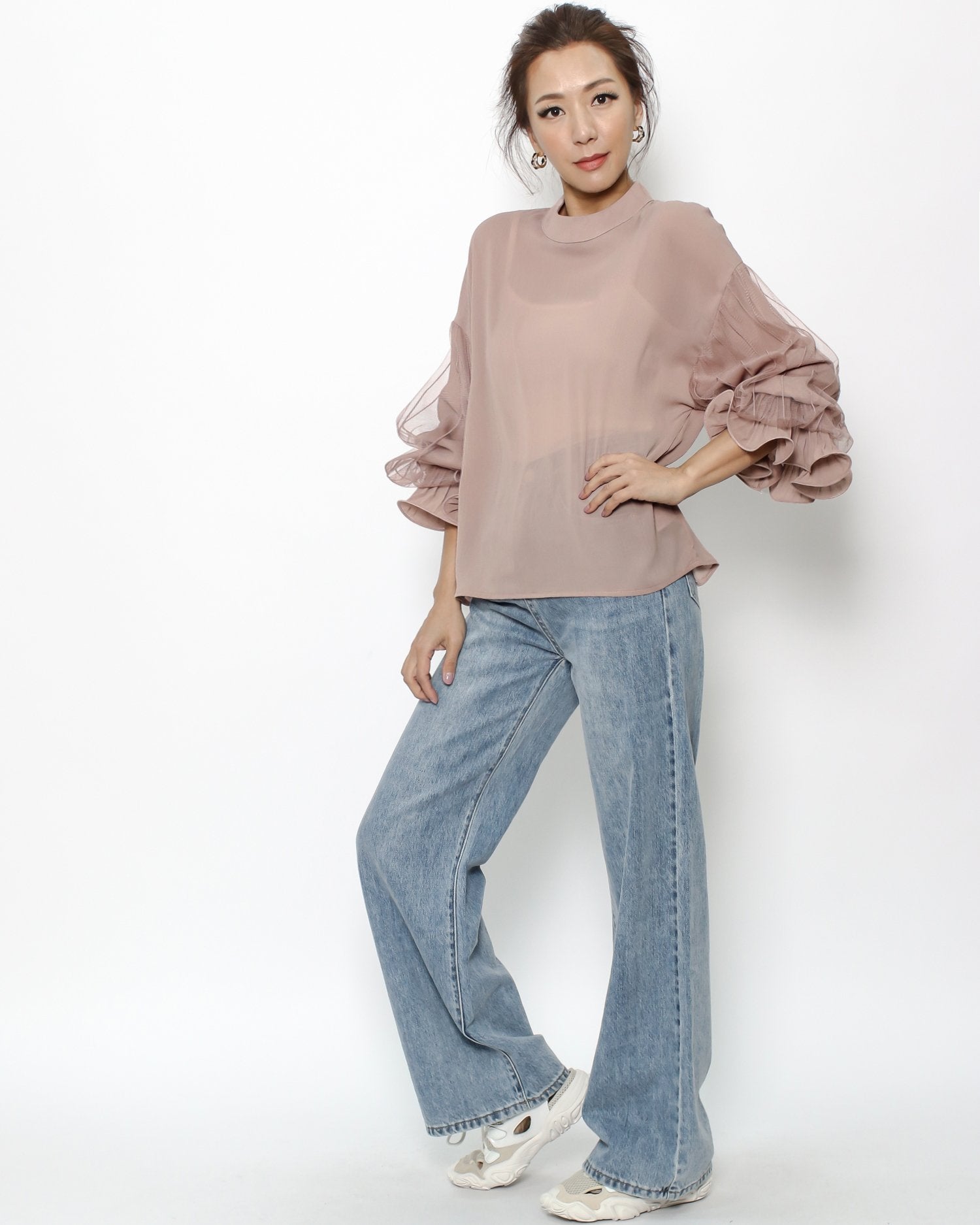 dusty pink mesh pleats sleeves sheer top *pre-order*