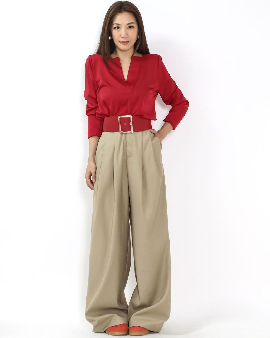 red soft leather stretch back gold buckle wide belt