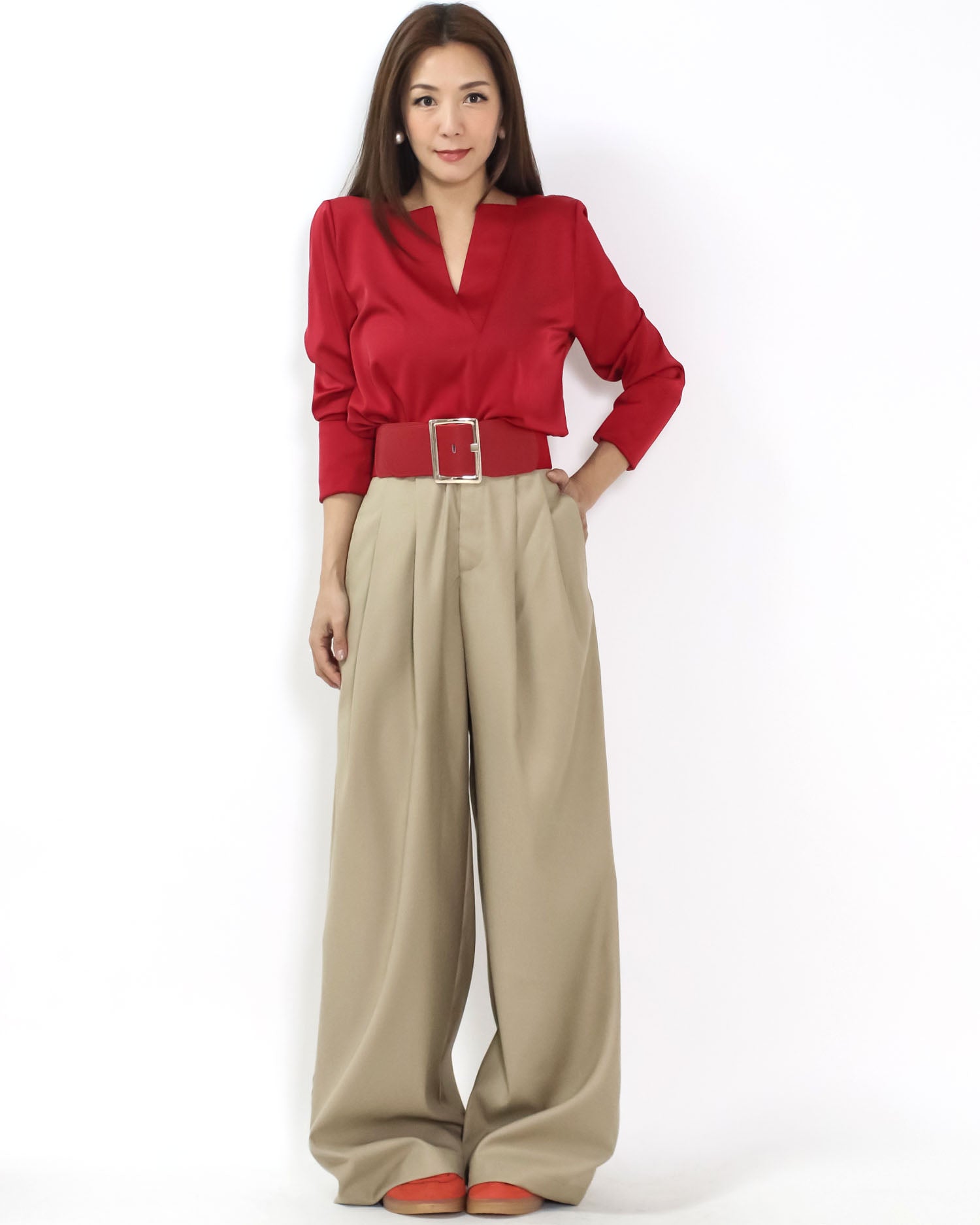 red soft leather stretch back gold buckle wide belt