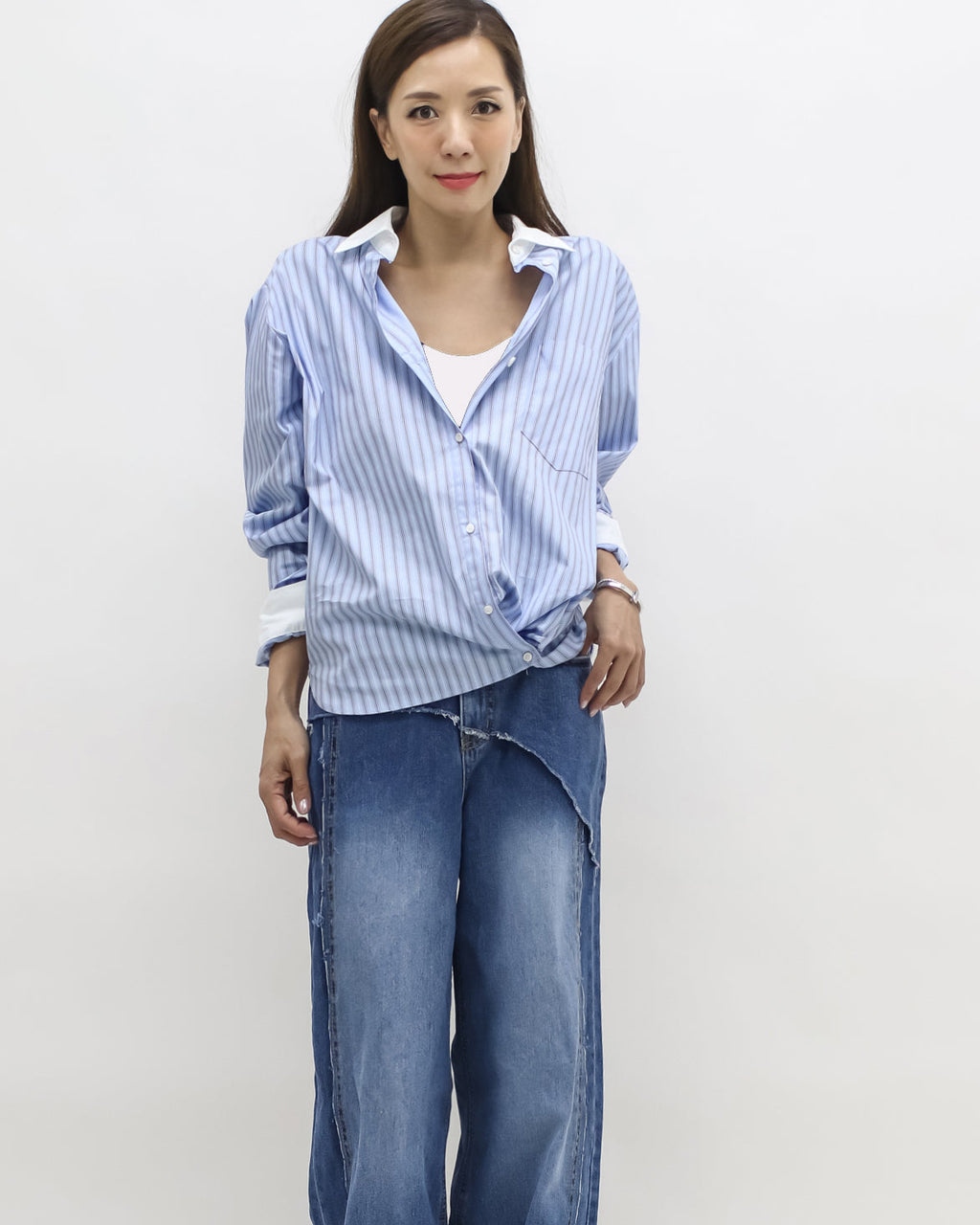 blue & ivory stripes w/ printed back shirt