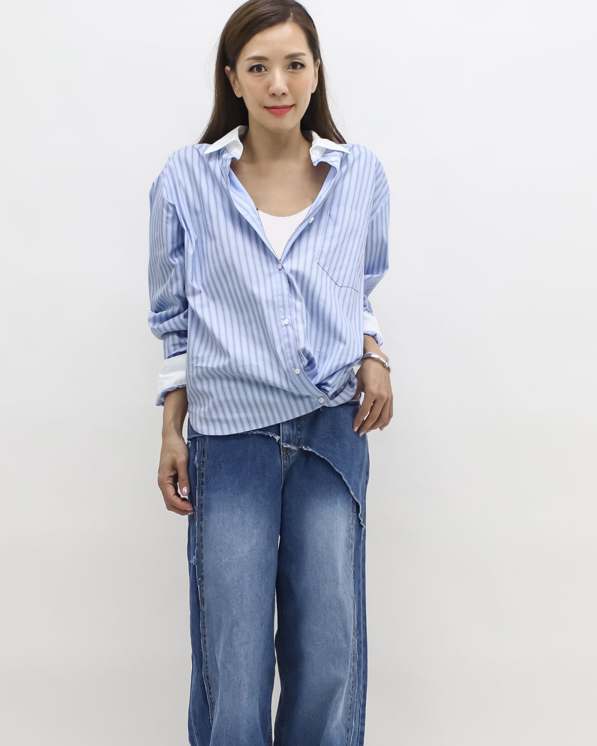 blue & ivory stripes w/ printed back shirt