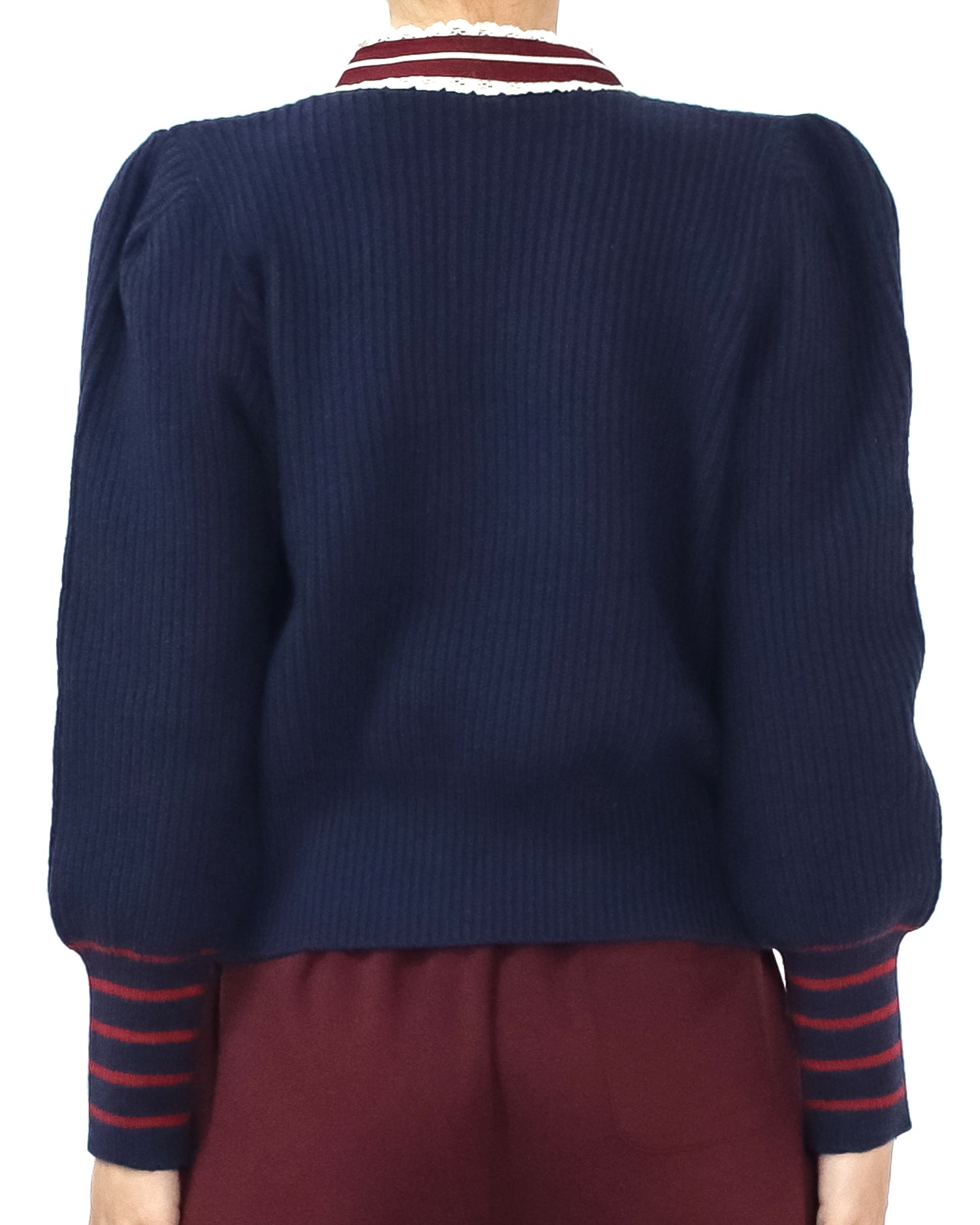 navy w/ burgundy ivory lace trim knitted cardigan *pre-order*
