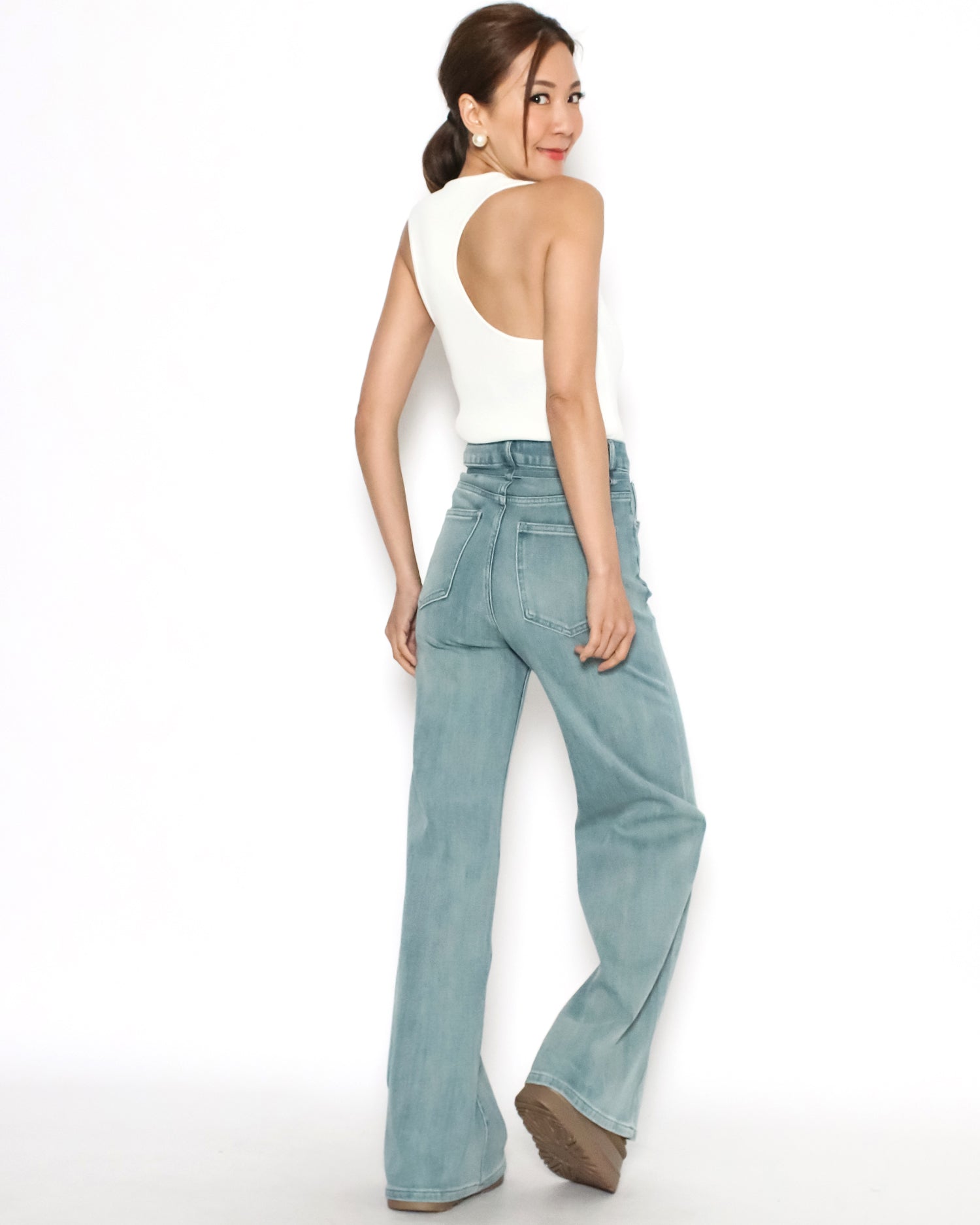 washed blue denim drawstring straight leg jeans *pre-order*