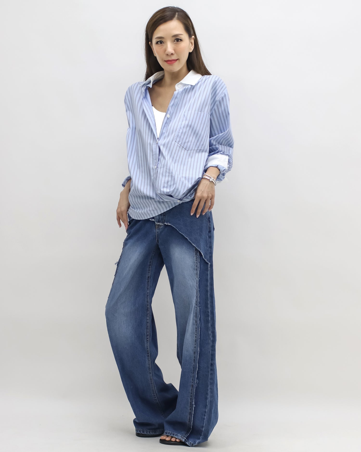 blue & ivory stripes w/ printed back shirt