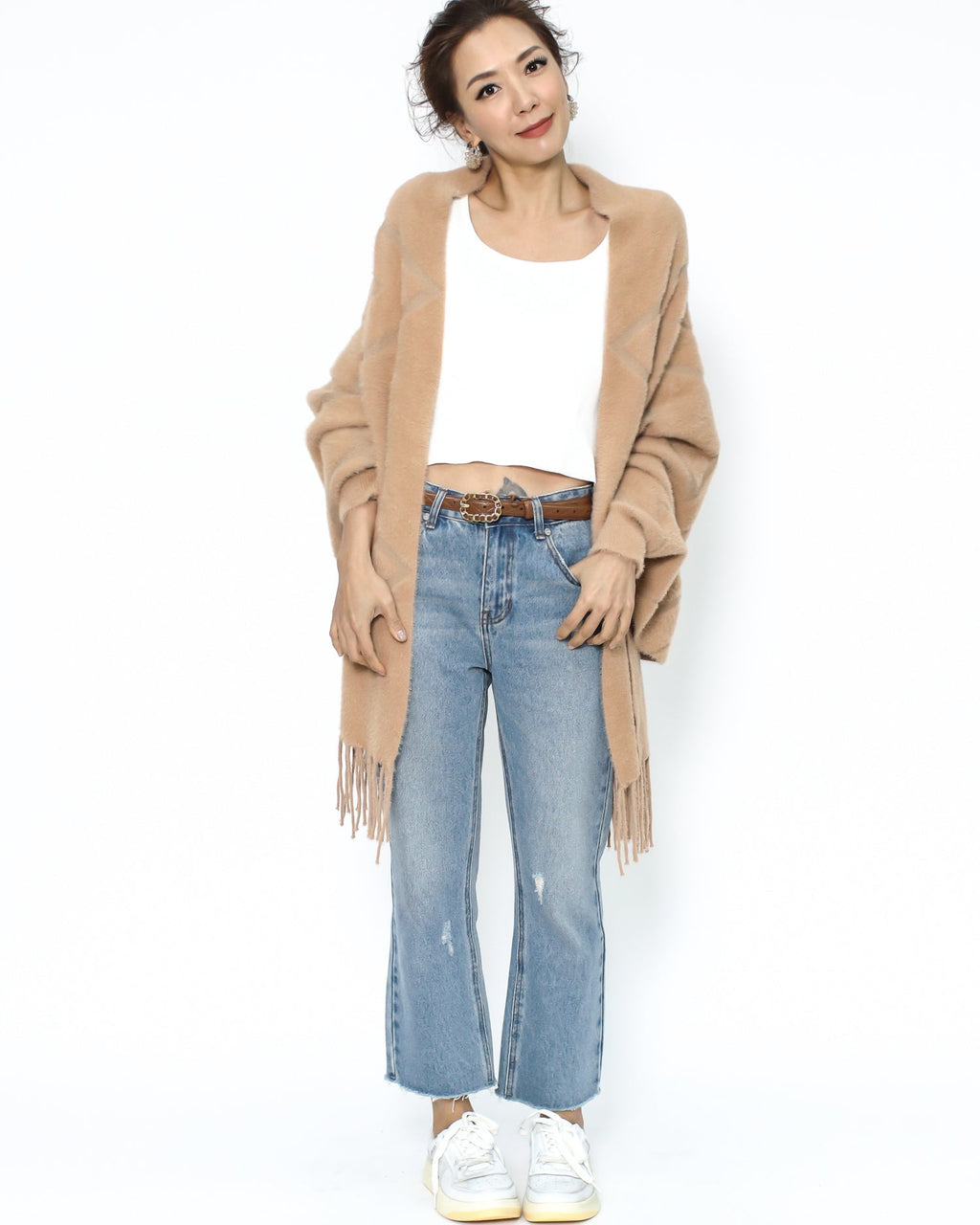 camel geo printed fluffy fringe arm warmer cardigan *pre-order*