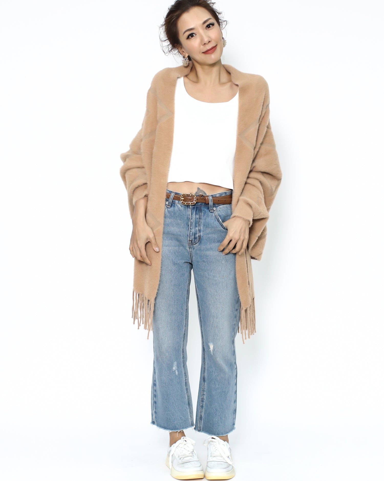 camel geo printed fluffy fringe arm warmer cardigan *pre-order*