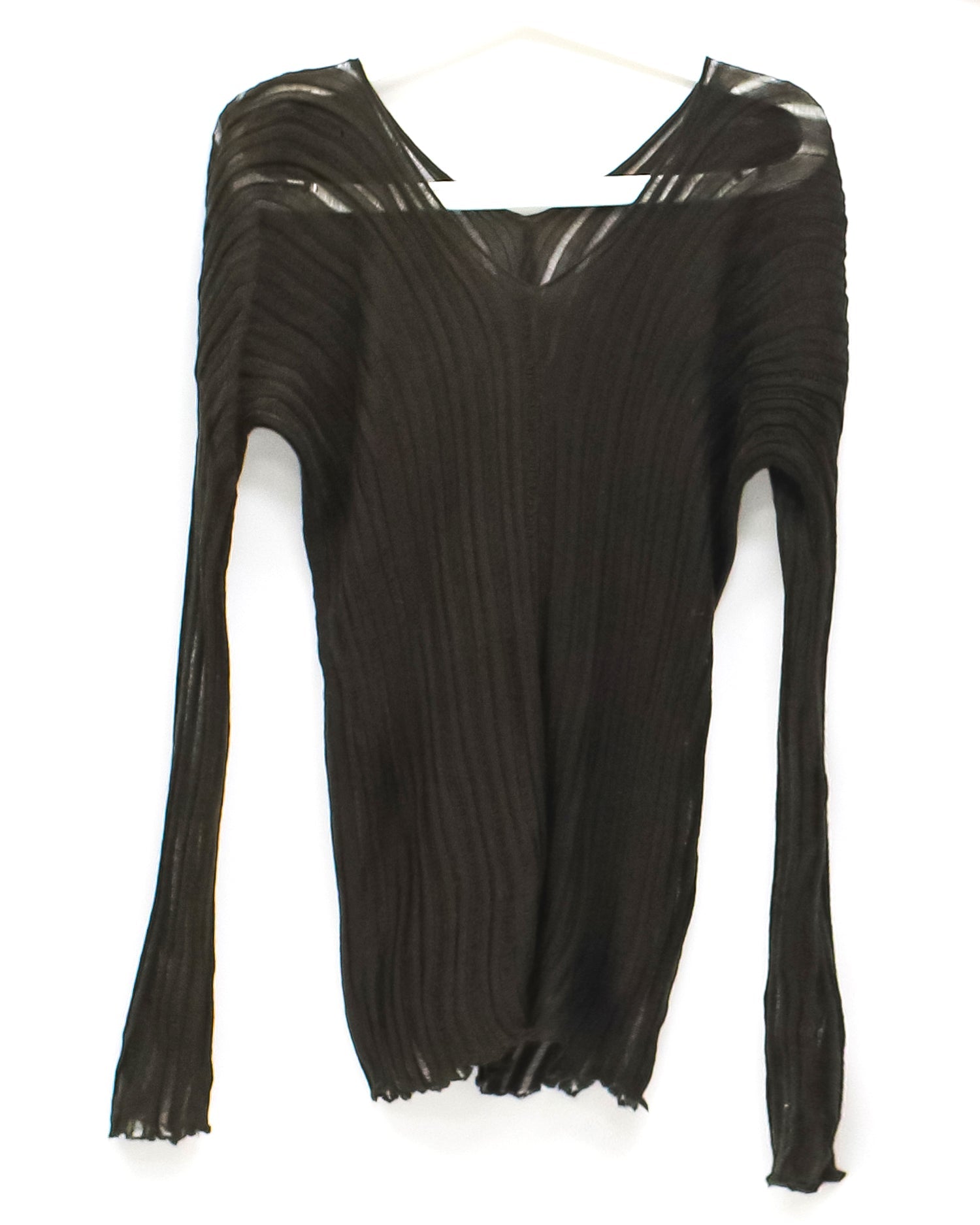 brown V neck striped knitted top