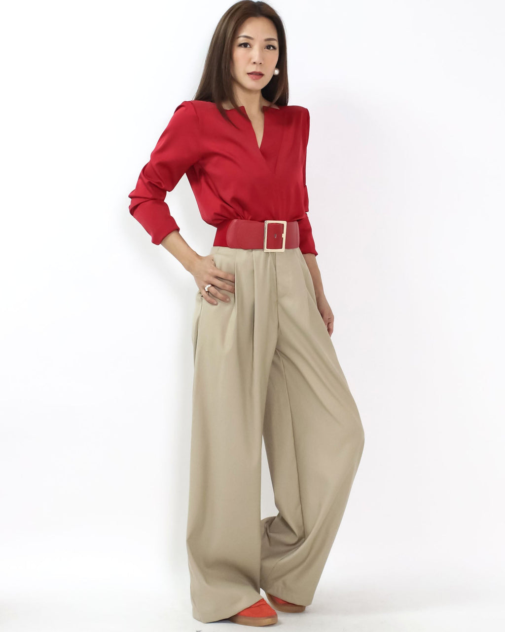 red soft leather stretch back gold buckle wide belt