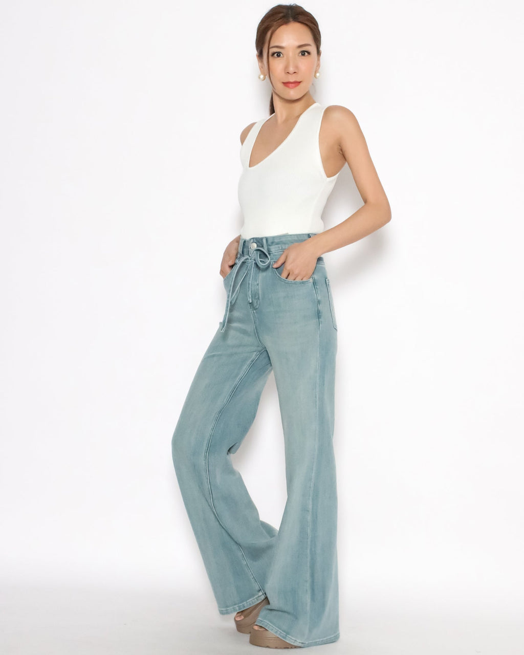 washed blue denim drawstring straight leg jeans *pre-order*