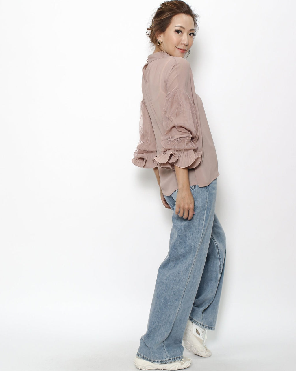dusty pink mesh pleats sleeves sheer top *pre-order*