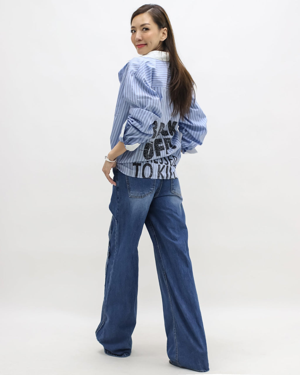 blue & ivory stripes w/ printed back shirt