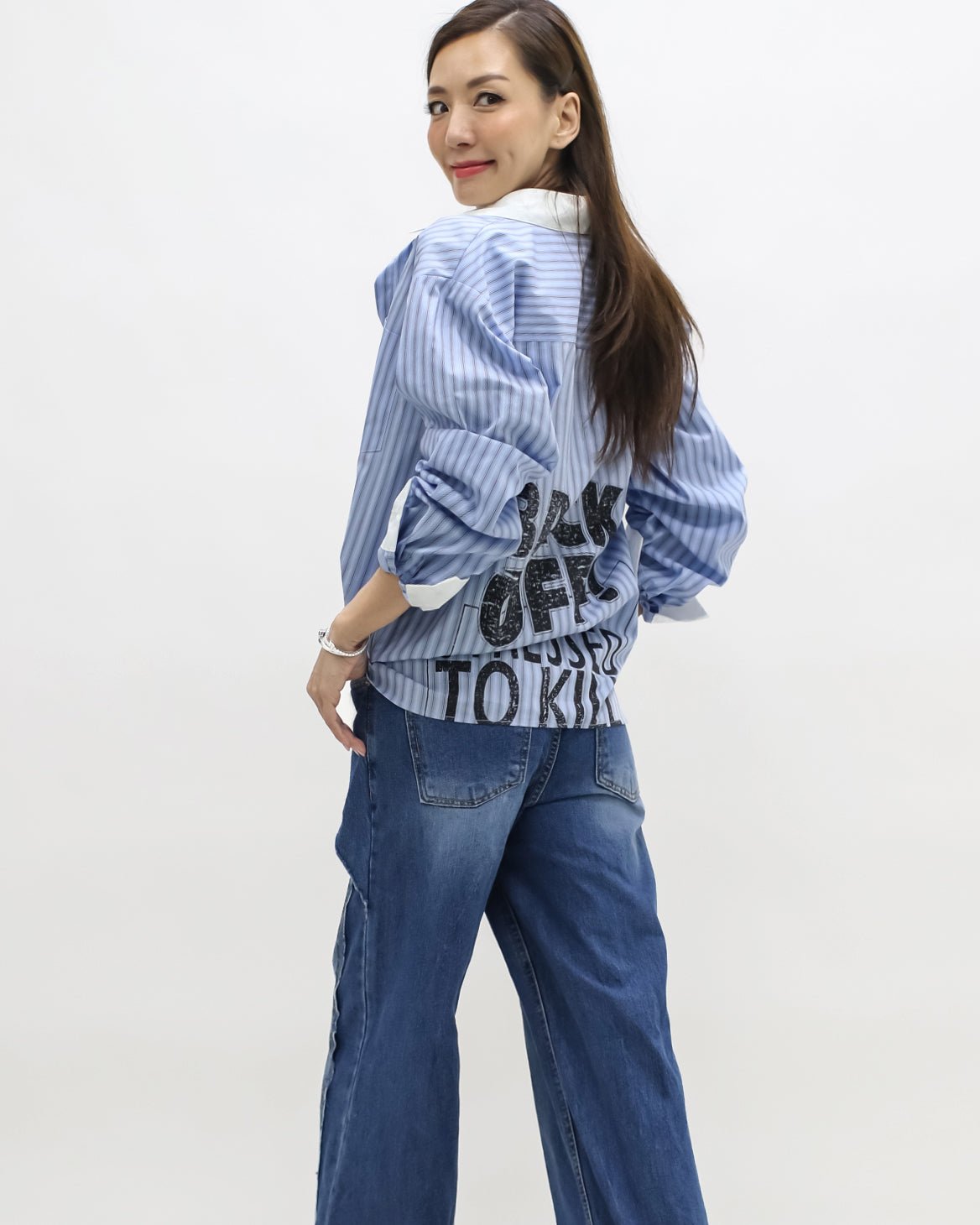 blue & ivory stripes w/ printed back shirt