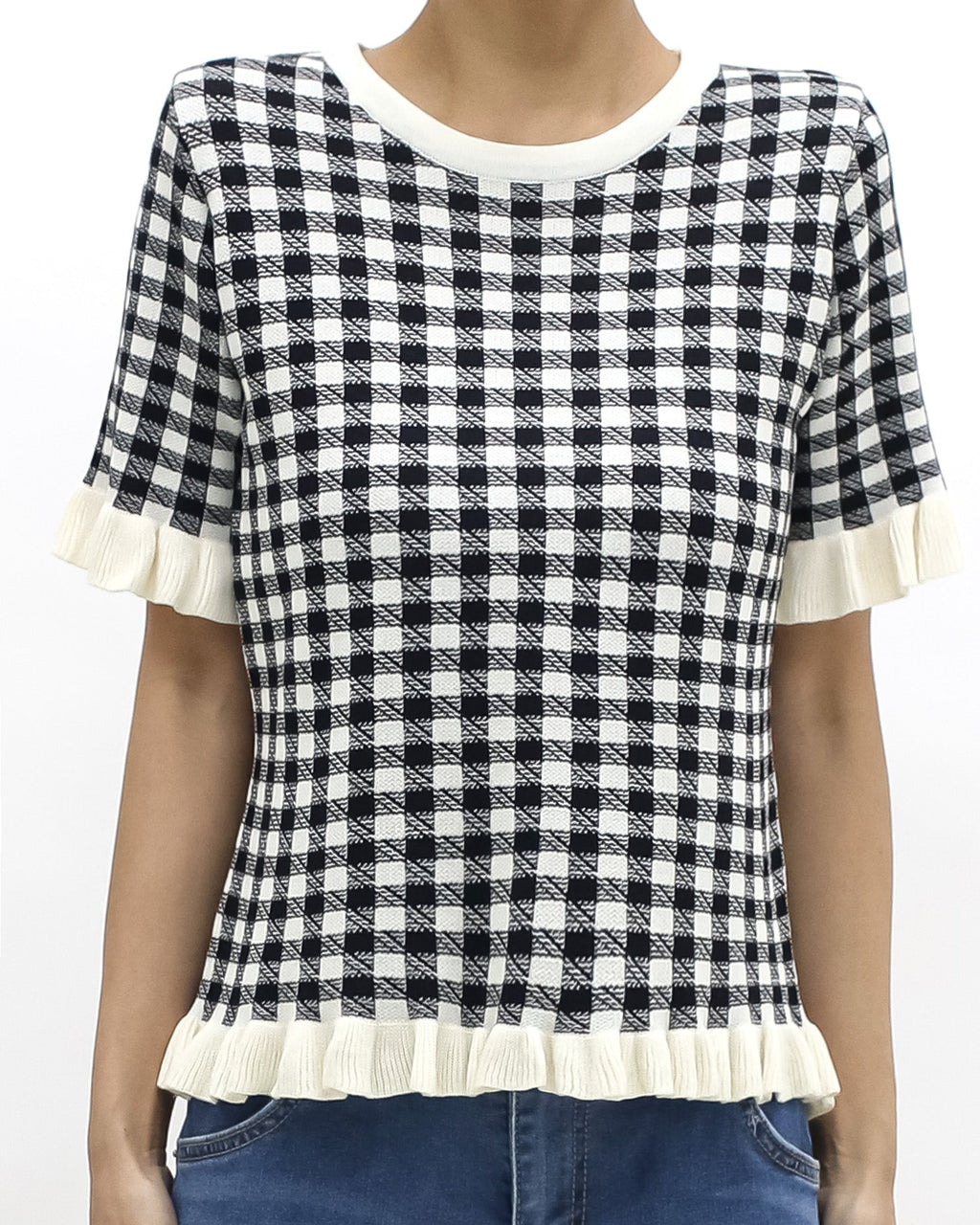 black & ivory checkers w/ ruffles hem knitted top *pre-order*