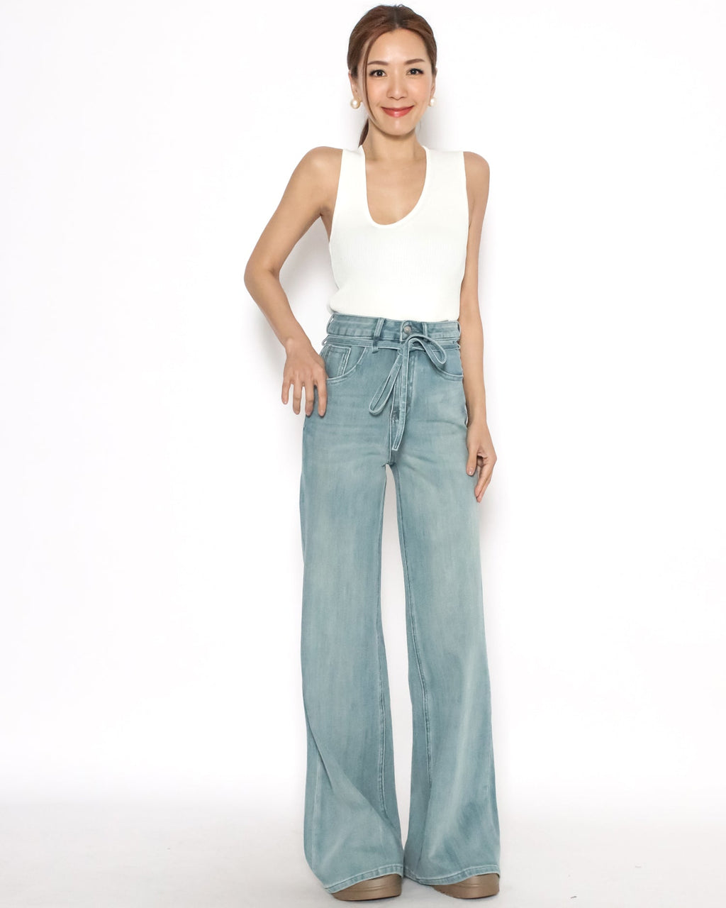 washed blue denim drawstring straight leg jeans *pre-order*