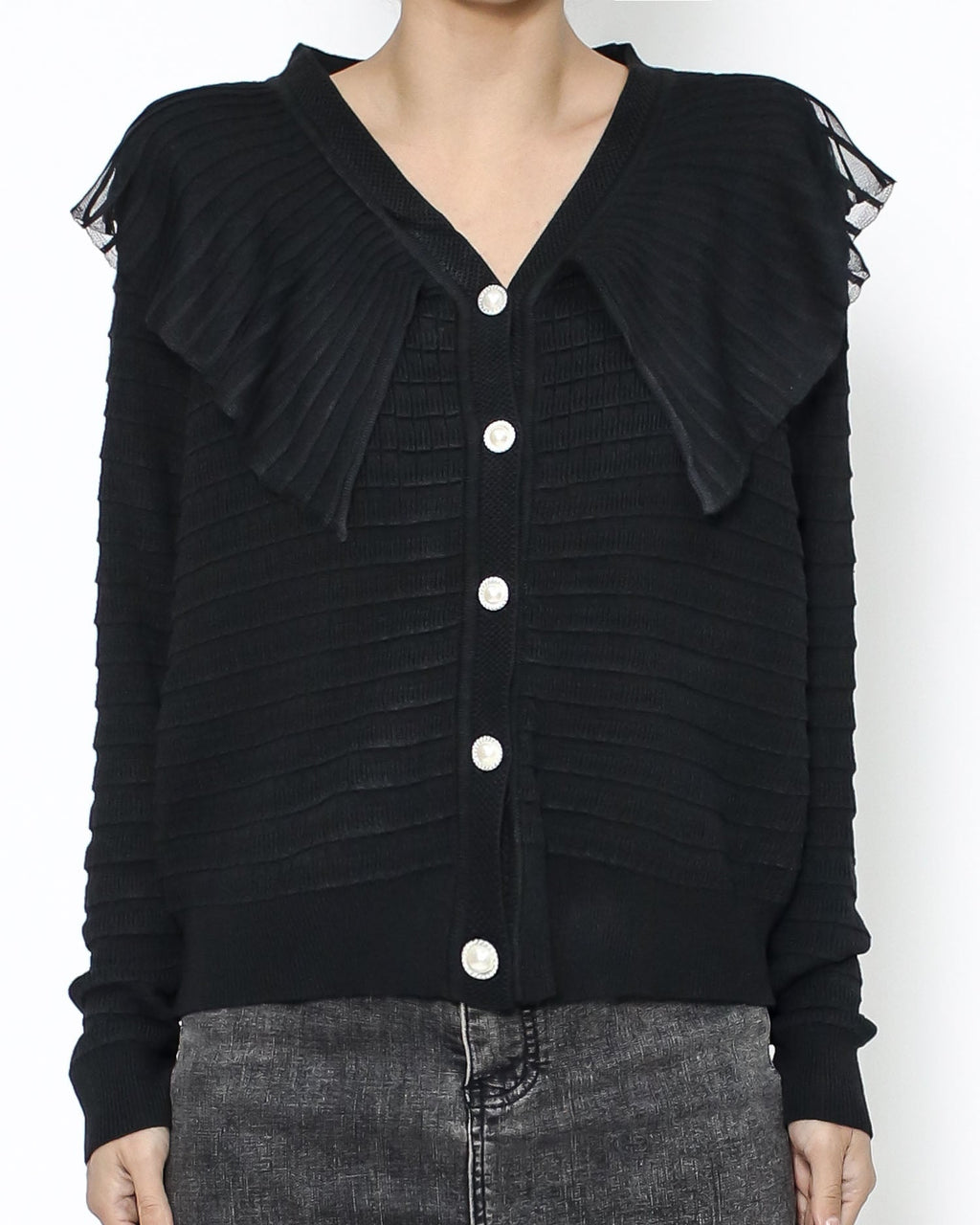 black mesh pleats collar knitted cardigan *pre-order*