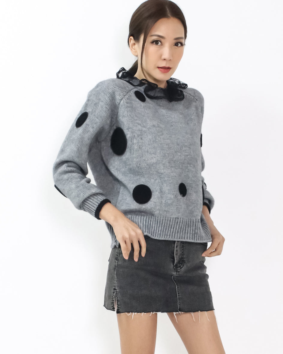 grey polka dots w/ lace mesh neckline knitted top *pre-order*