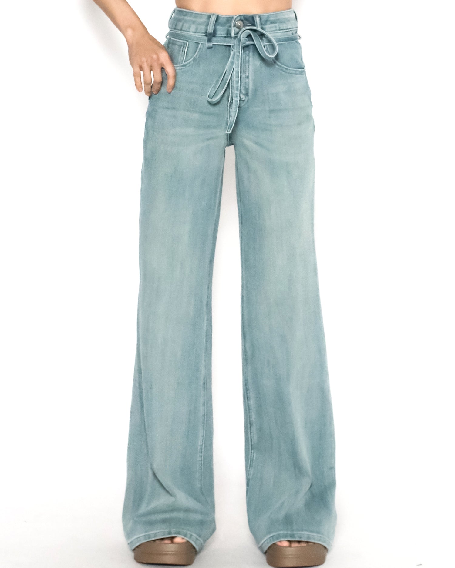 washed blue denim drawstring straight leg jeans *pre-order*