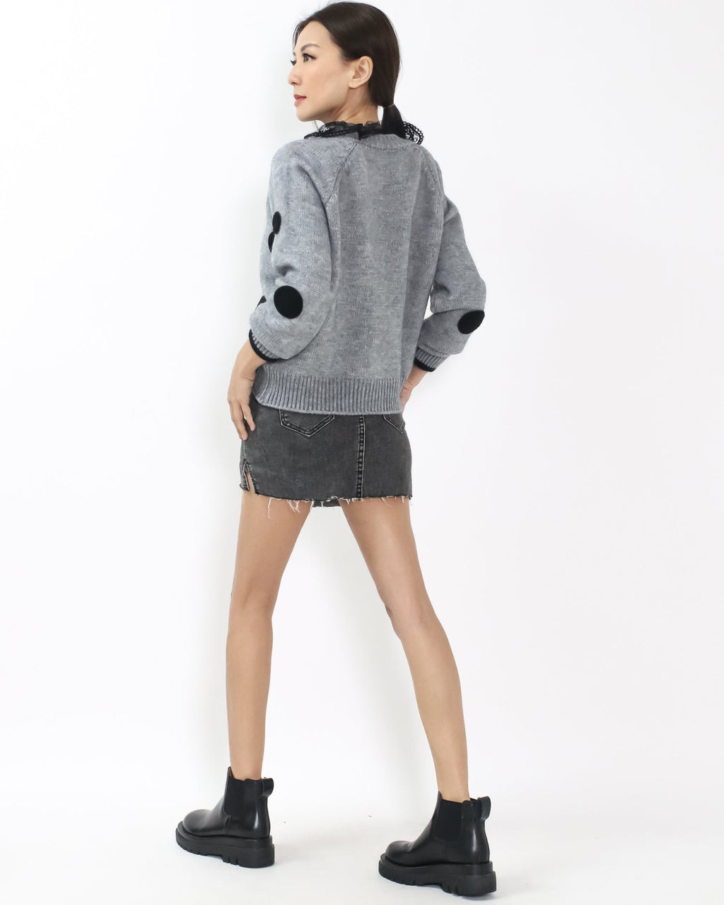 grey polka dots w/ lace mesh neckline knitted top *pre-order*