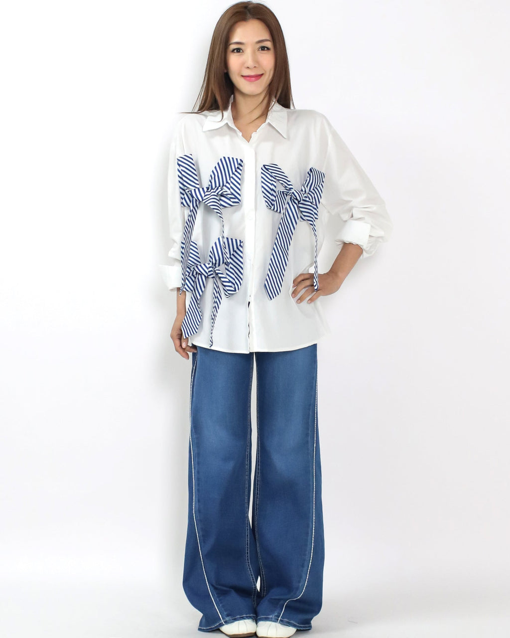 ivory w/ blue stripes bows shirt