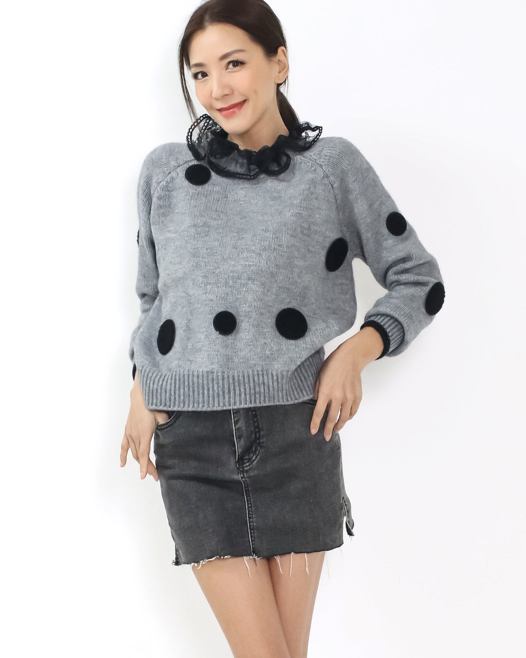 grey polka dots w/ lace mesh neckline knitted top *pre-order*
