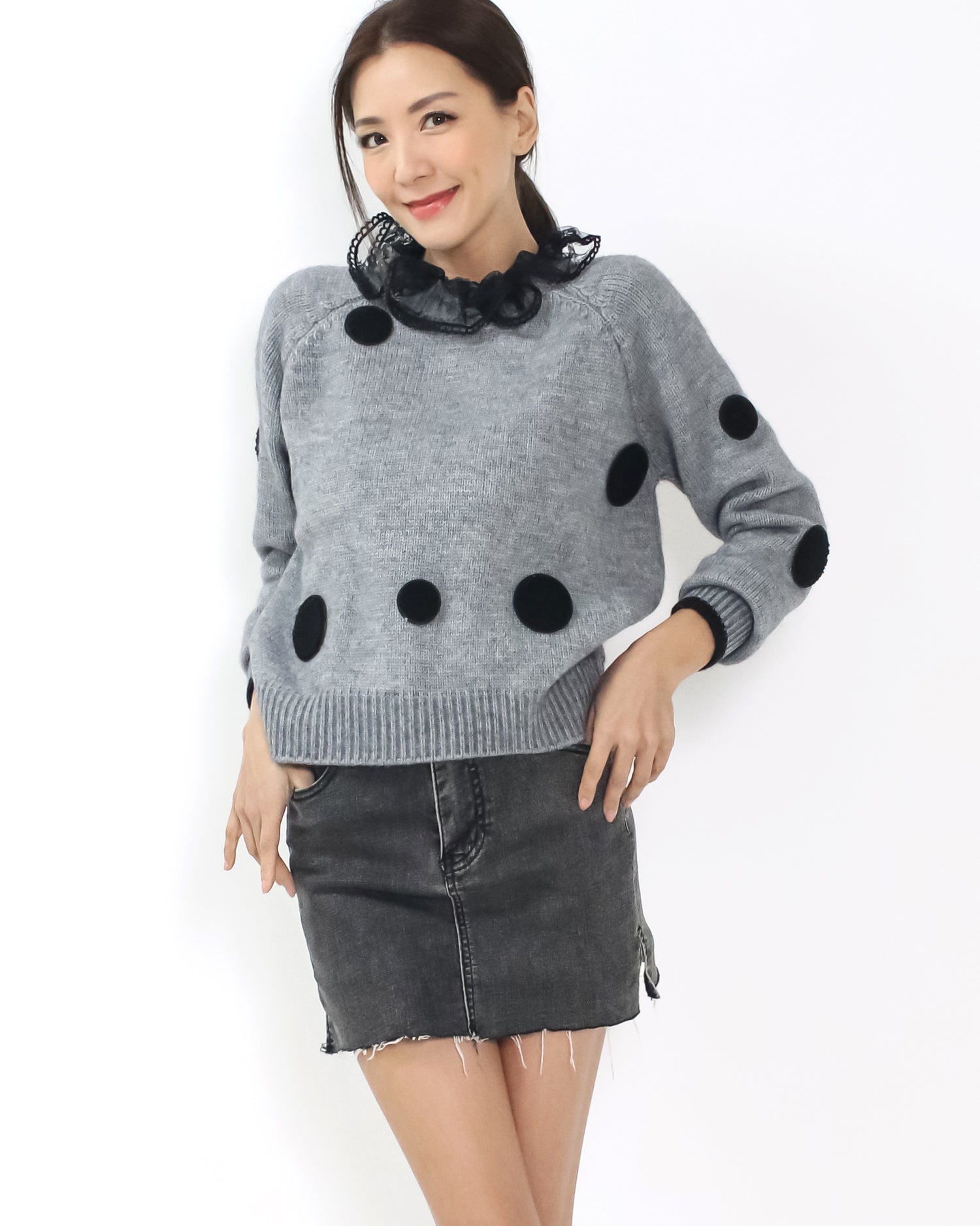 grey polka dots w/ lace mesh neckline knitted top *pre-order*