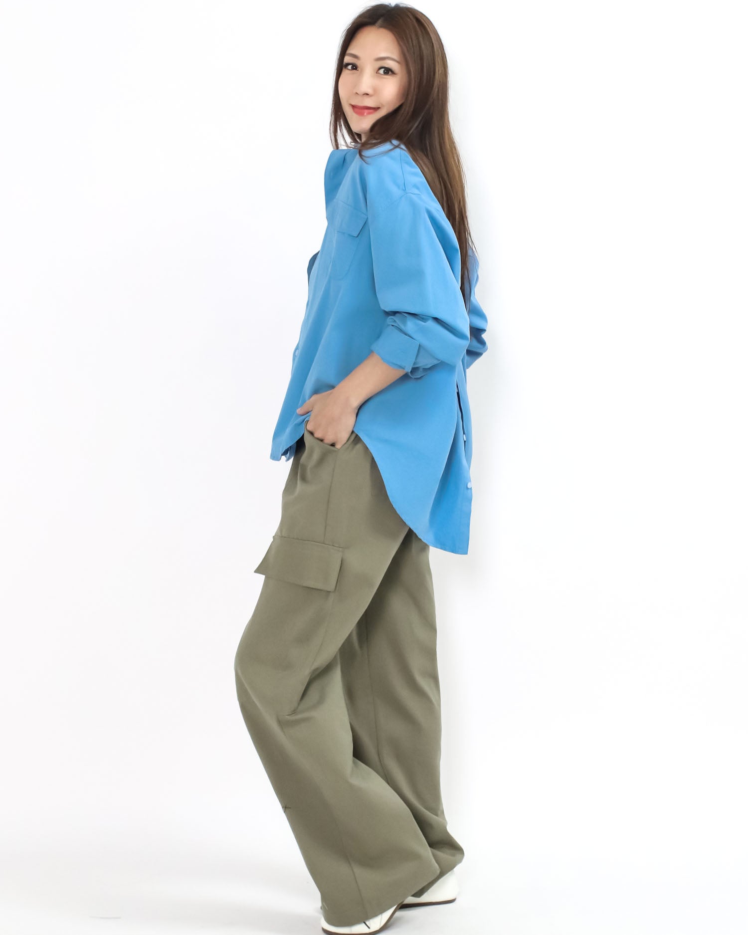 Cobalt blue button open back shirt