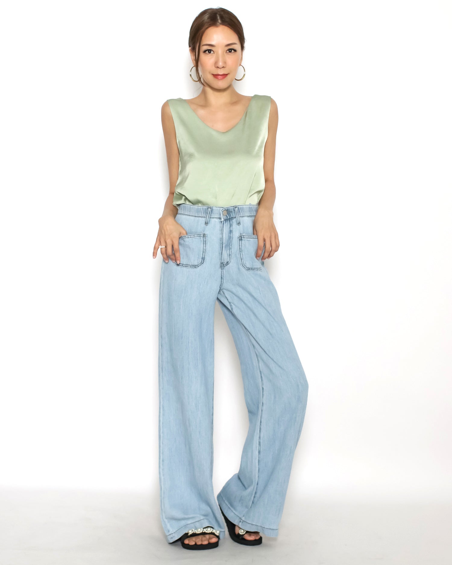light blue denim pockets front straight leg jeans