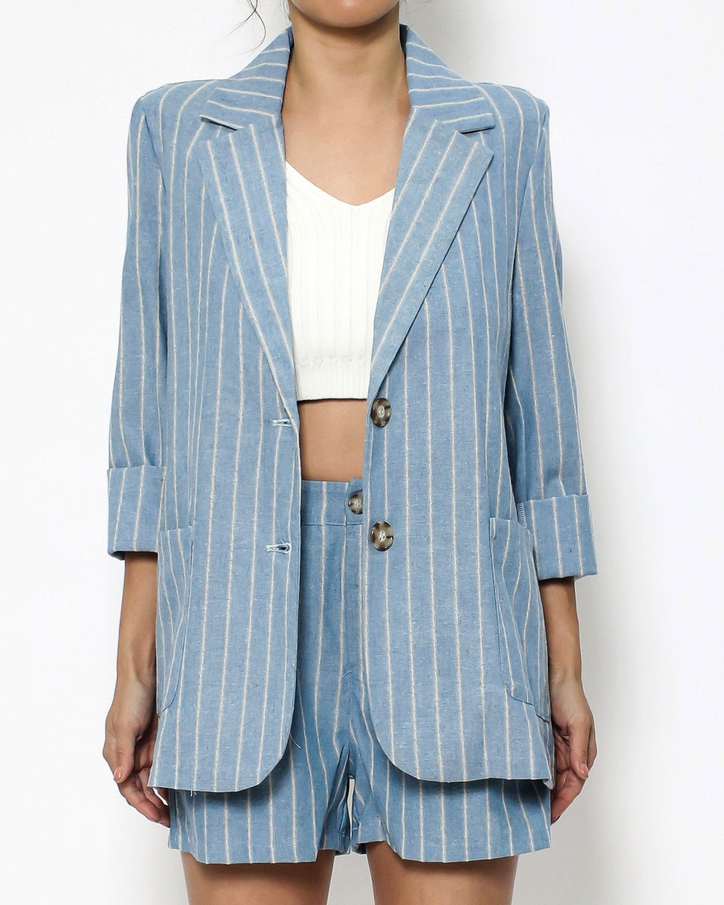 blue stripes linen blazer & shorts set *pre-order*