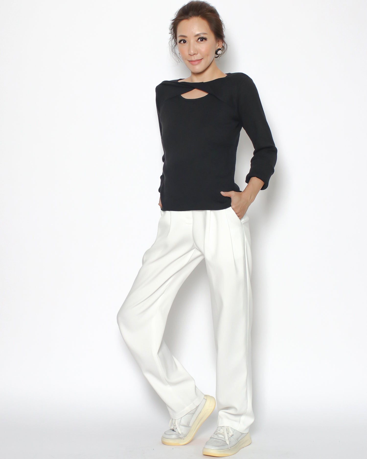 Black cutout front knitted top