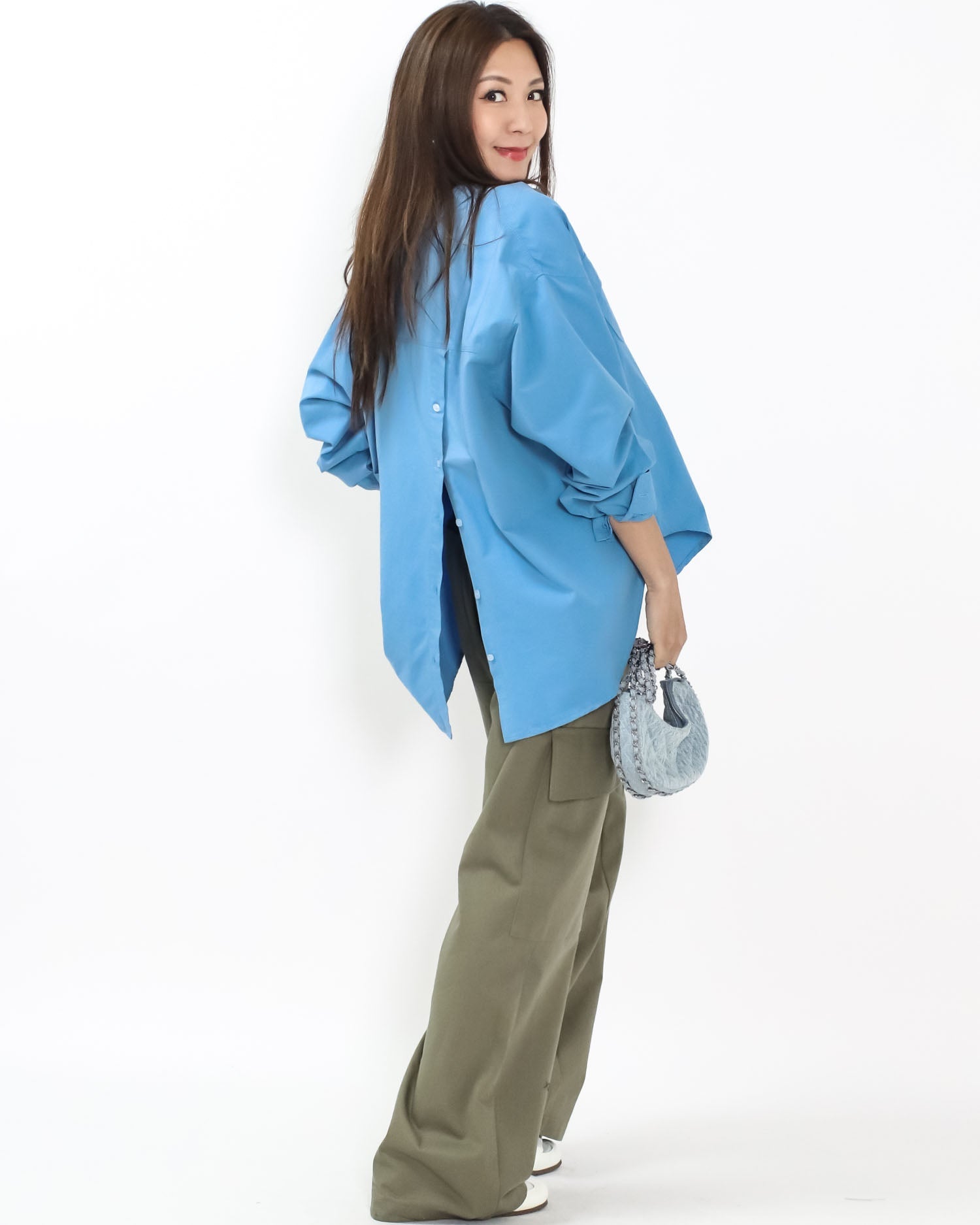 Cobalt blue button open back shirt