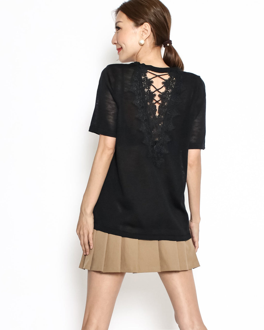 black crochet strappy cutout back tee *pre-order*