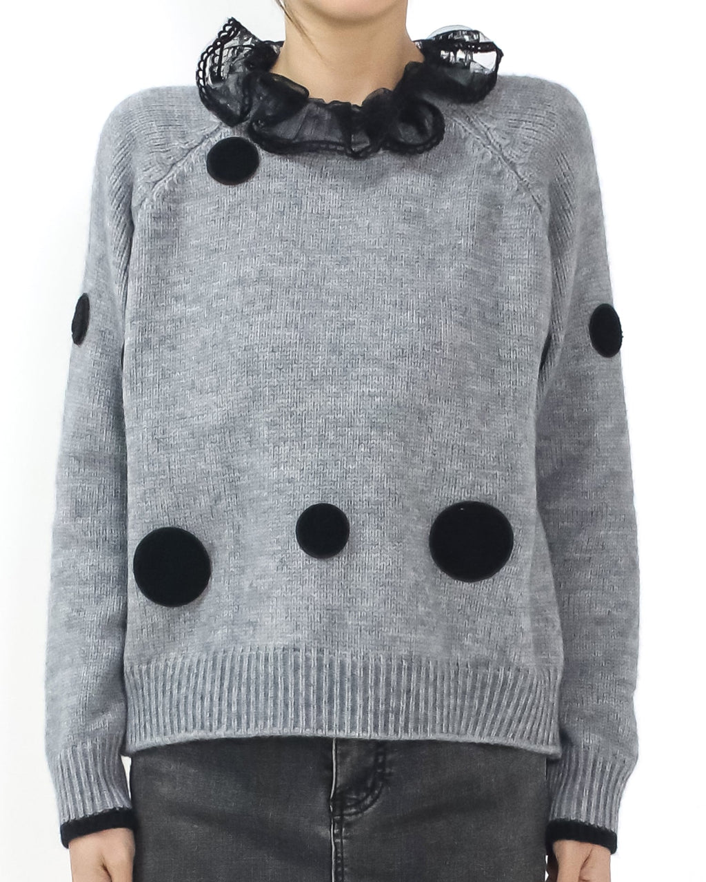 grey polka dots w/ lace mesh neckline knitted top *pre-order*