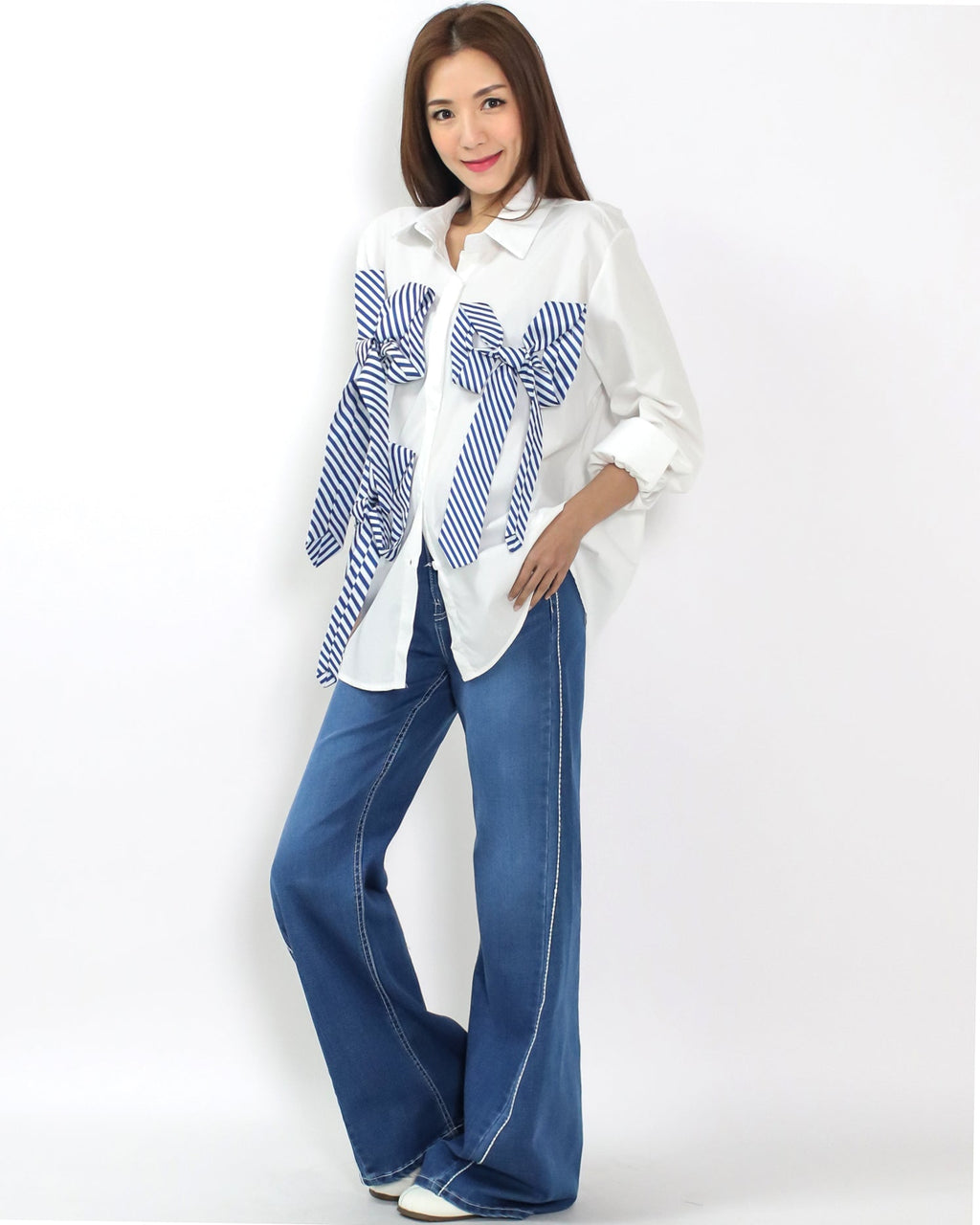 ivory w/ blue stripes bows shirt