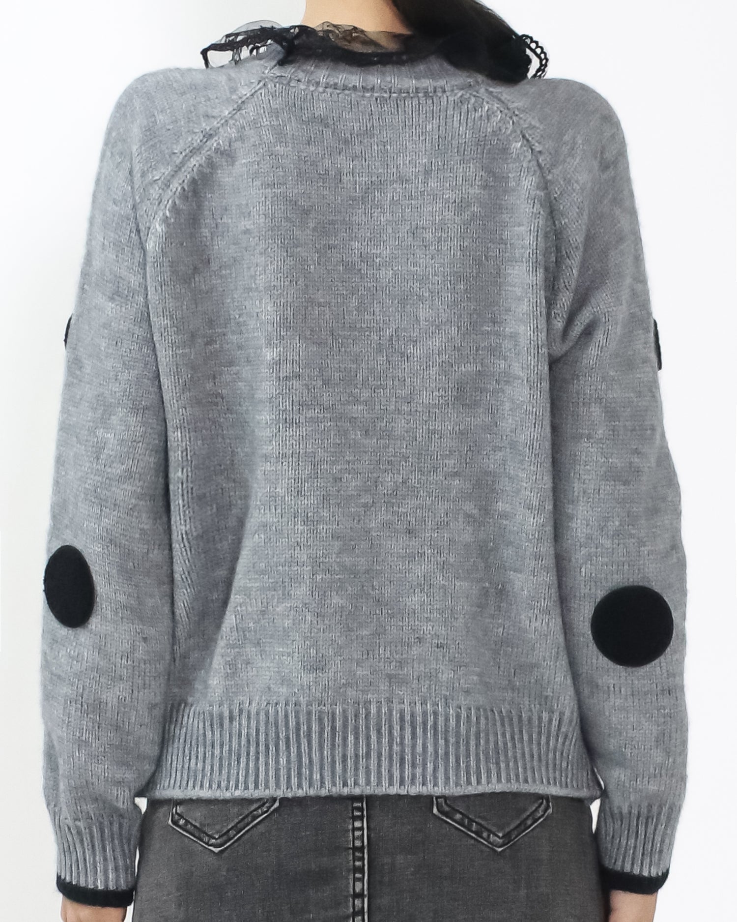 grey polka dots w/ lace mesh neckline knitted top *pre-order*