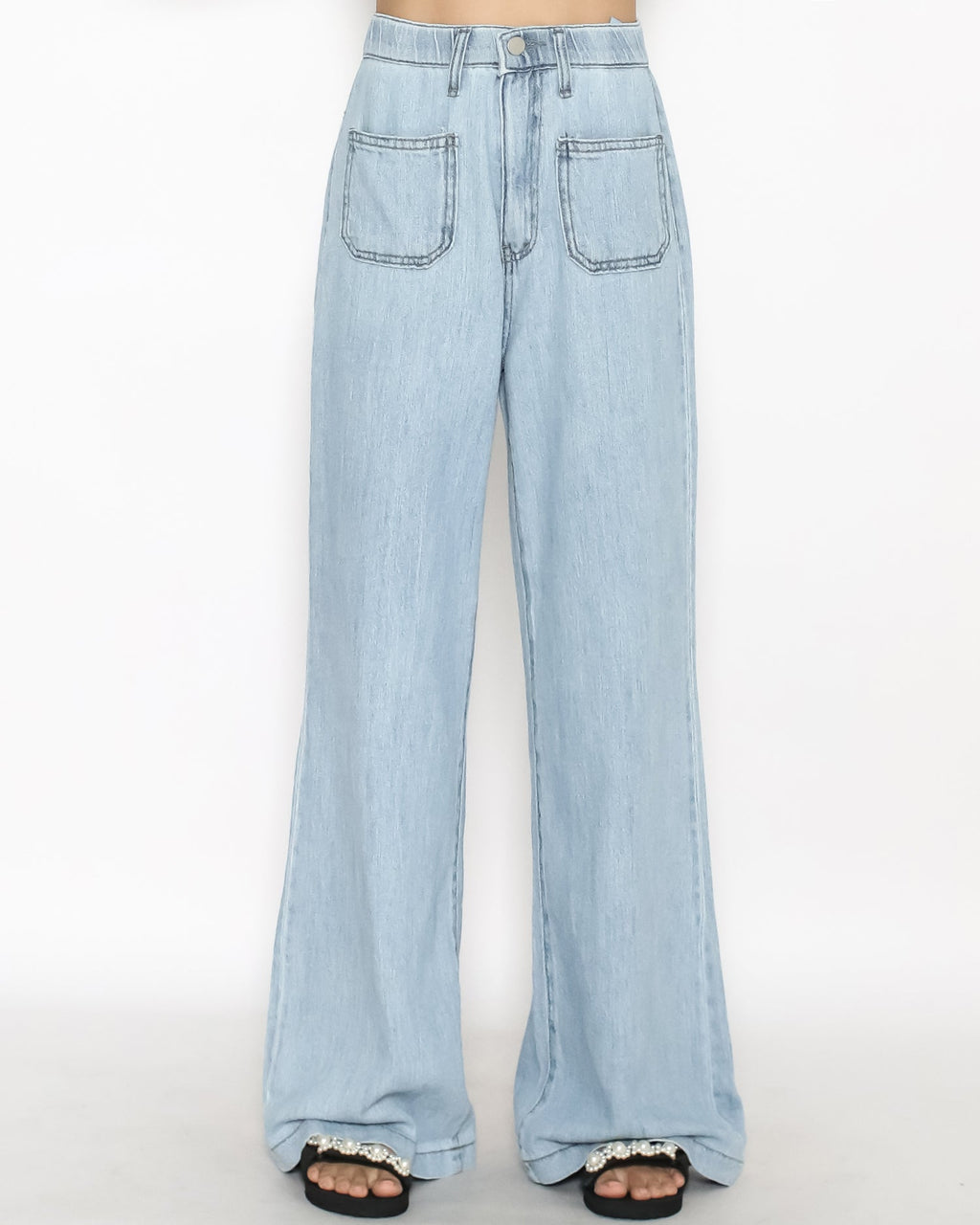 light blue denim pockets front straight leg jeans
