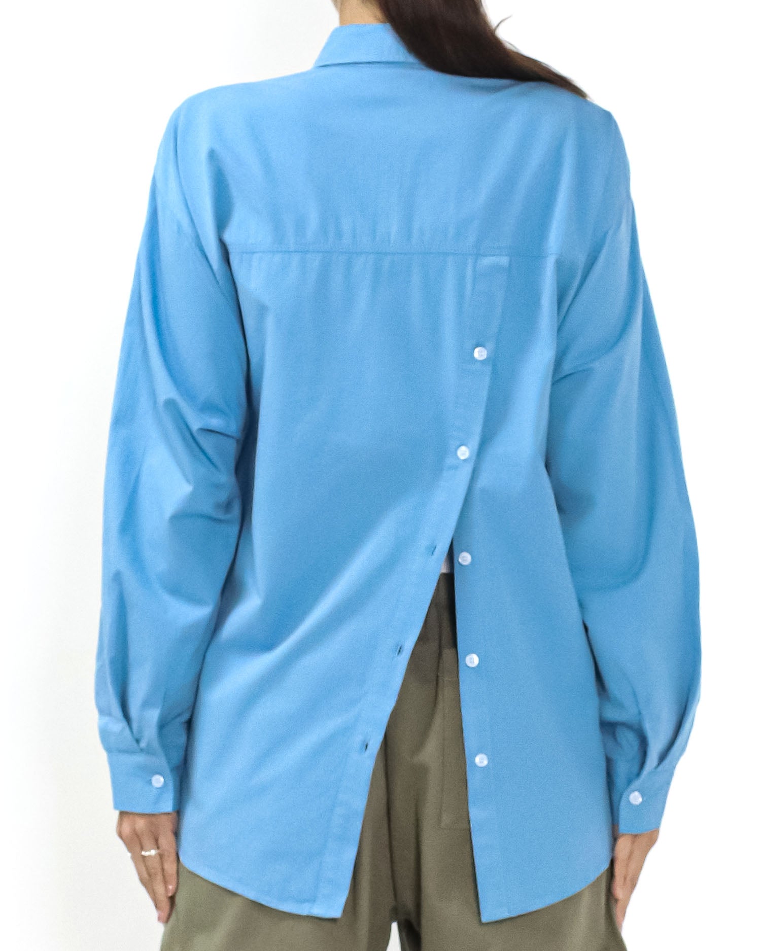 Cobalt blue button open back shirt