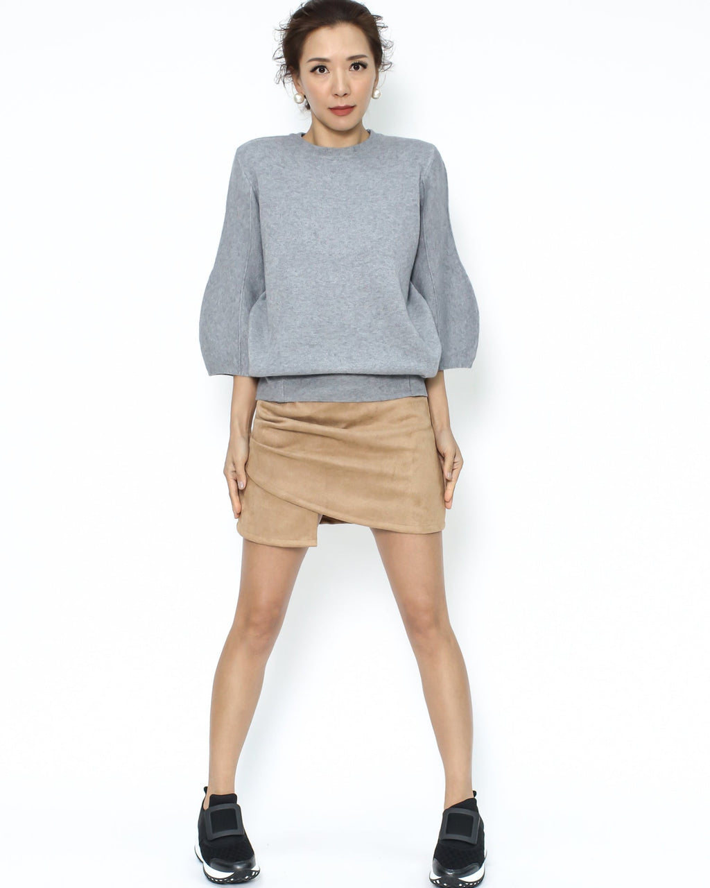 beige PU suede ruched skort - S