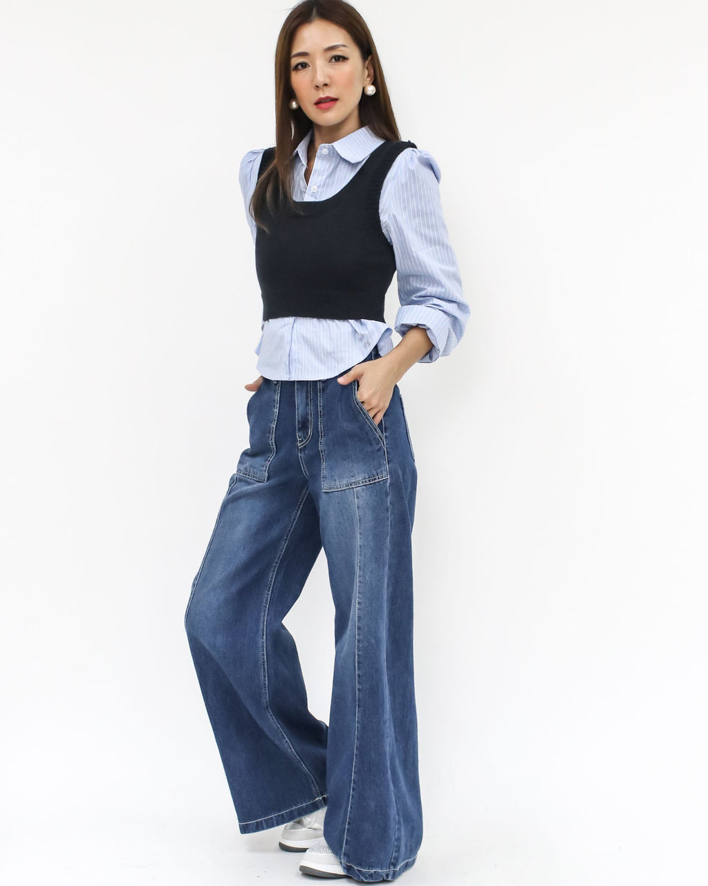 blue stripes shirt & black knitted vest separate *pre-order*