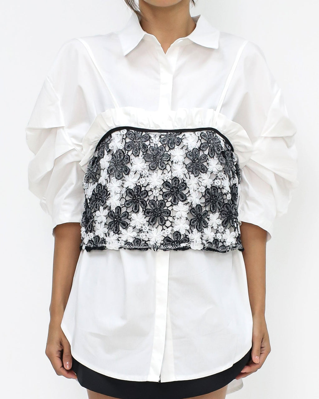 ivory ruched sleeves shirt w/ black lace slip *pre-order*