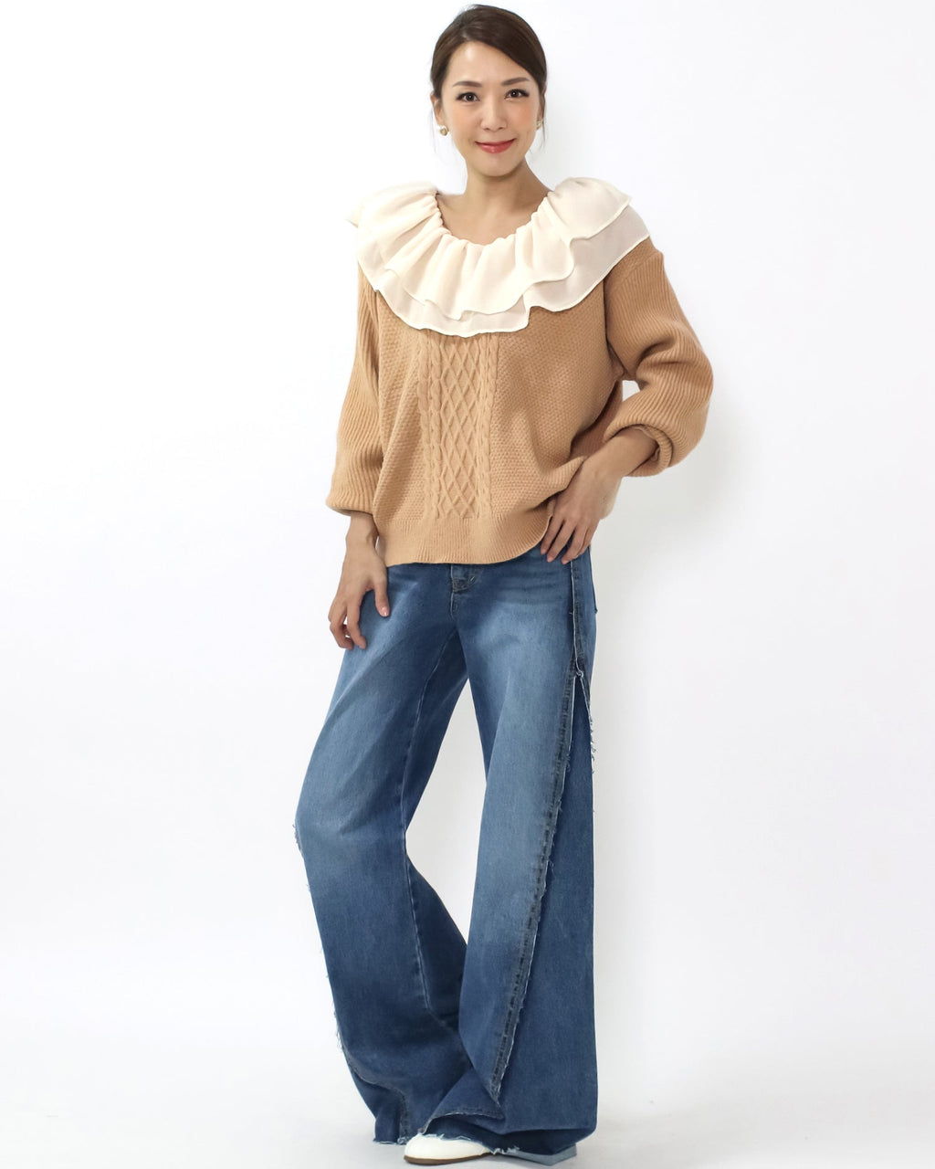 beige & ivory mesh layer neckline knitted top *pre-order*