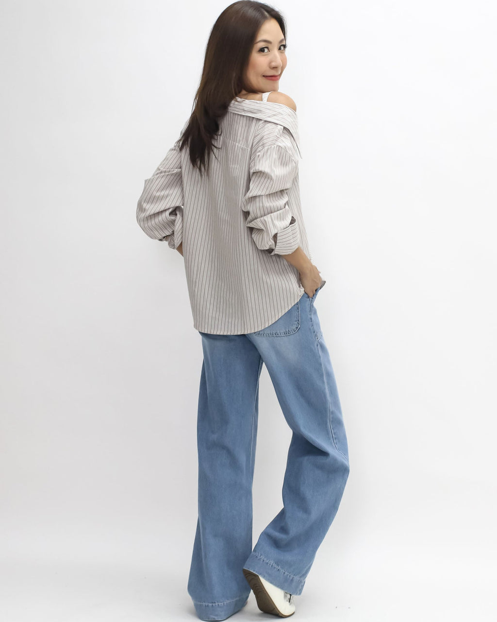 beige & ivory stripes cutout shoulder shirt *pre-order*