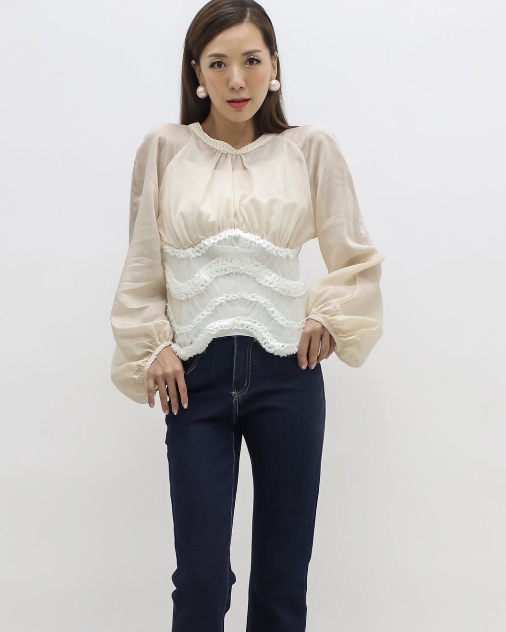 beige mesh with ivory wave hem top *pre-order*